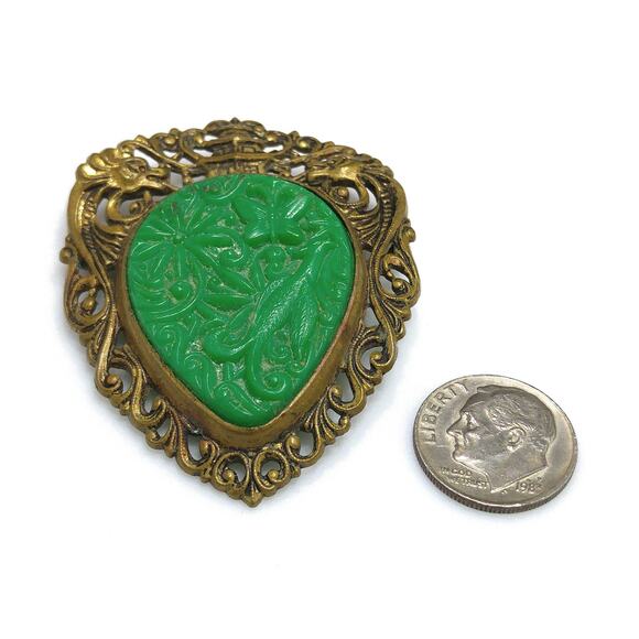 Vintage Chinese Faux Jade Brooch Pendant, Hidden Dragons Pagoda Phoenix, 1940s - Picture 9 of 10